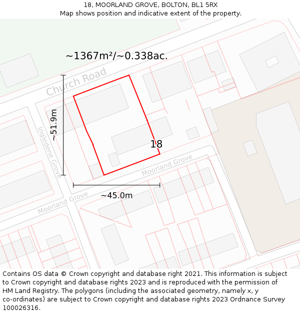 18, MOORLAND GROVE, BOLTON, BL1 5RX: Plot and title map
