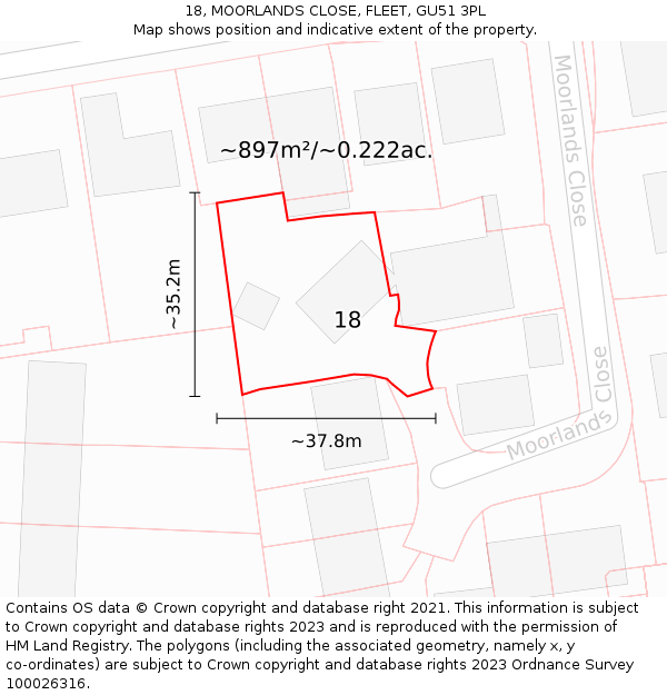 18, MOORLANDS CLOSE, FLEET, GU51 3PL: Plot and title map