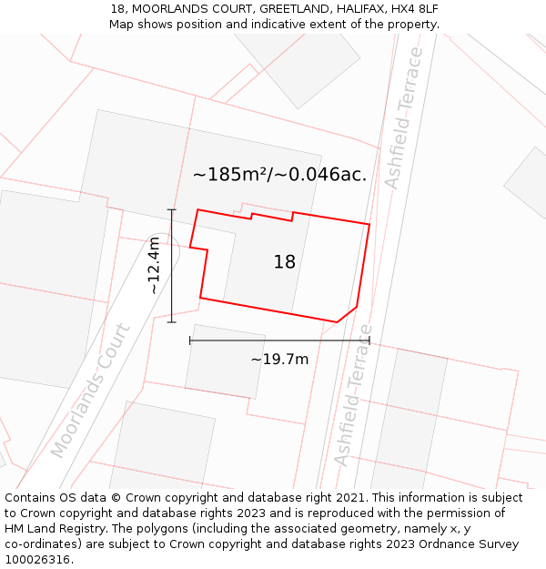 18, MOORLANDS COURT, GREETLAND, HALIFAX, HX4 8LF: Plot and title map