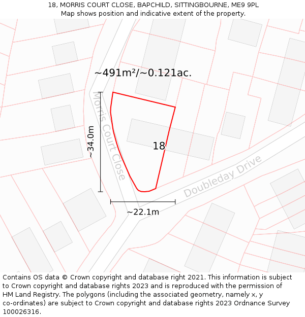 18, MORRIS COURT CLOSE, BAPCHILD, SITTINGBOURNE, ME9 9PL: Plot and title map