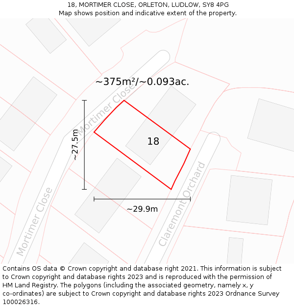 18, MORTIMER CLOSE, ORLETON, LUDLOW, SY8 4PG: Plot and title map