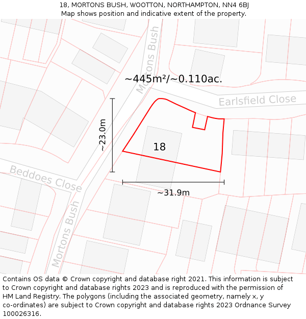 18, MORTONS BUSH, WOOTTON, NORTHAMPTON, NN4 6BJ: Plot and title map