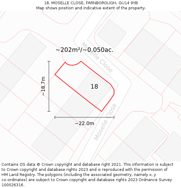18, MOSELLE CLOSE, FARNBOROUGH, GU14 9YB: Plot and title map