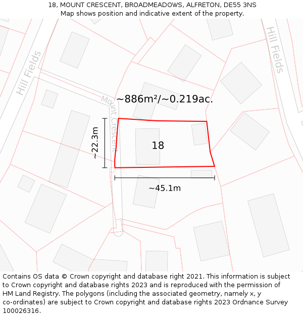 18, MOUNT CRESCENT, BROADMEADOWS, ALFRETON, DE55 3NS: Plot and title map