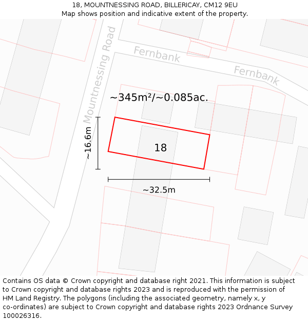 18, MOUNTNESSING ROAD, BILLERICAY, CM12 9EU: Plot and title map