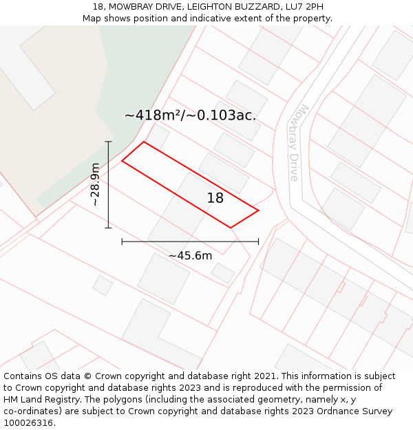 18, MOWBRAY DRIVE, LEIGHTON BUZZARD, LU7 2PH: Plot and title map