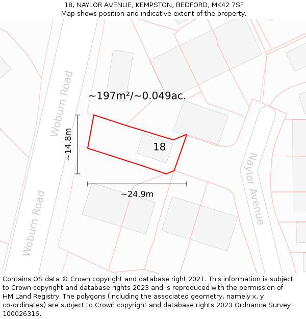 18, NAYLOR AVENUE, KEMPSTON, BEDFORD, MK42 7SF: Plot and title map