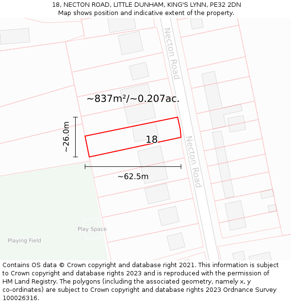 18, NECTON ROAD, LITTLE DUNHAM, KING'S LYNN, PE32 2DN: Plot and title map