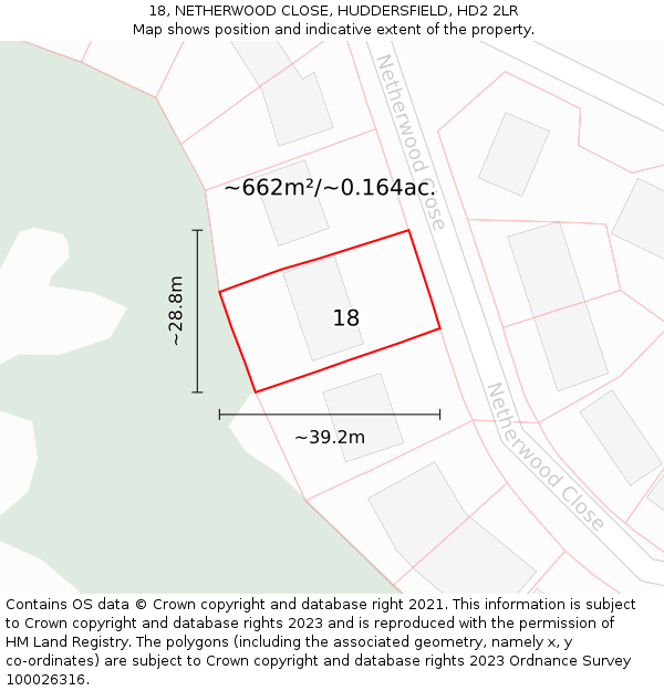 18, NETHERWOOD CLOSE, HUDDERSFIELD, HD2 2LR: Plot and title map