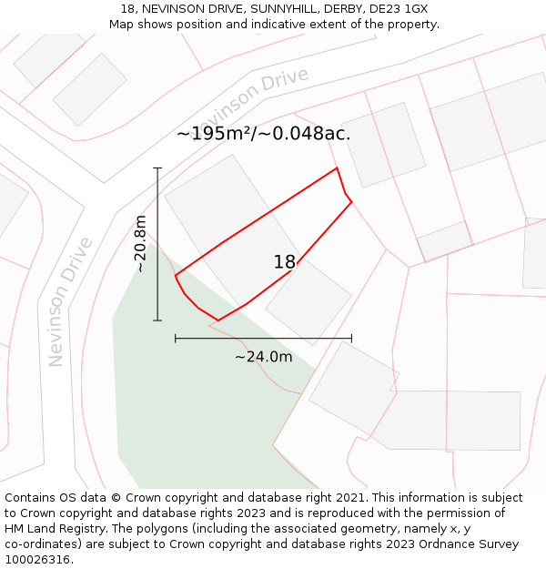 18, NEVINSON DRIVE, SUNNYHILL, DERBY, DE23 1GX: Plot and title map