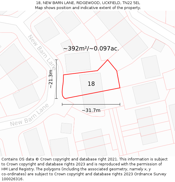 18, NEW BARN LANE, RIDGEWOOD, UCKFIELD, TN22 5EL: Plot and title map