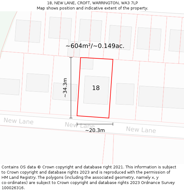18, NEW LANE, CROFT, WARRINGTON, WA3 7LP: Plot and title map