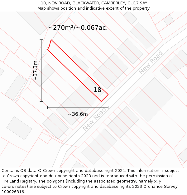 18, NEW ROAD, BLACKWATER, CAMBERLEY, GU17 9AY: Plot and title map
