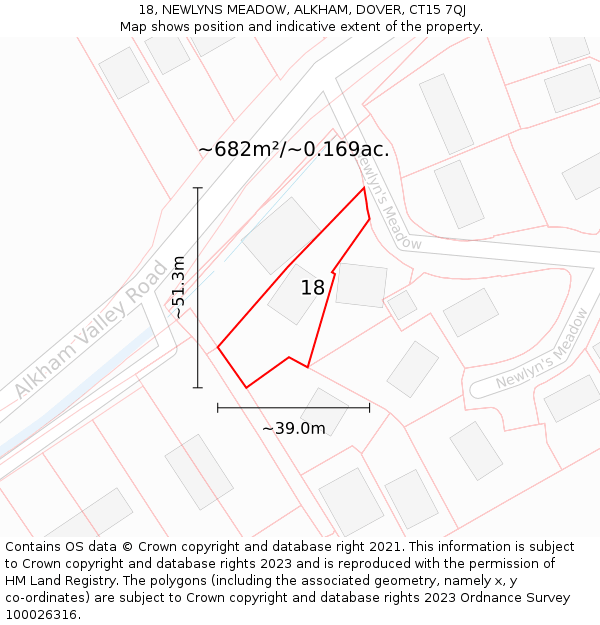 18, NEWLYNS MEADOW, ALKHAM, DOVER, CT15 7QJ: Plot and title map