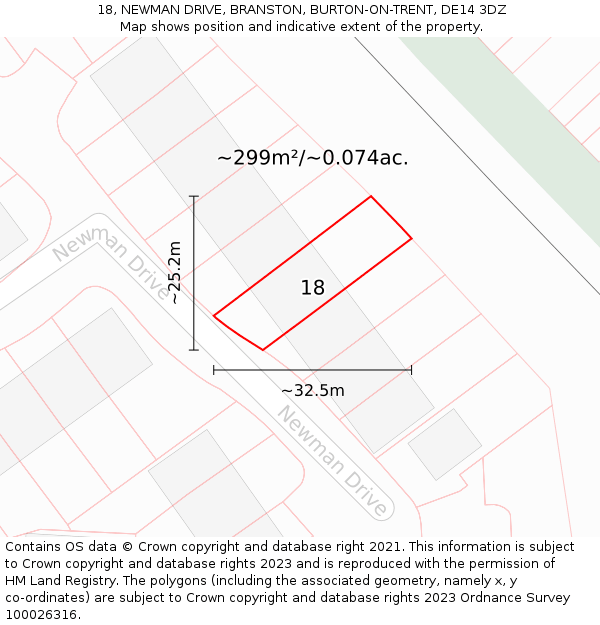 18, NEWMAN DRIVE, BRANSTON, BURTON-ON-TRENT, DE14 3DZ: Plot and title map