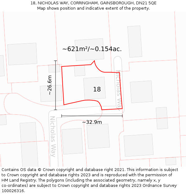18, NICHOLAS WAY, CORRINGHAM, GAINSBOROUGH, DN21 5QE: Plot and title map