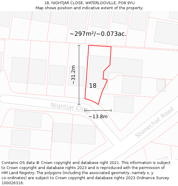 18, NIGHTJAR CLOSE, WATERLOOVILLE, PO8 9YU: Plot and title map