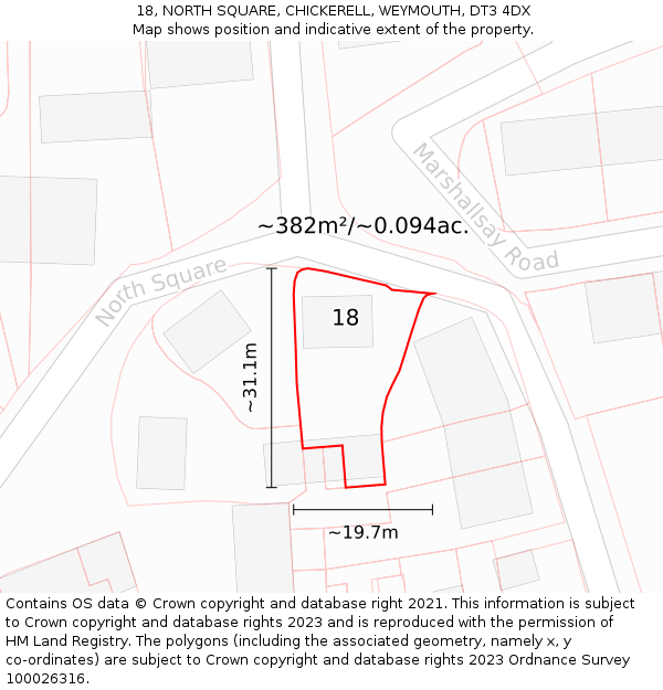 18, NORTH SQUARE, CHICKERELL, WEYMOUTH, DT3 4DX: Plot and title map