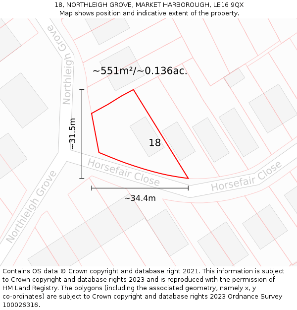 18, NORTHLEIGH GROVE, MARKET HARBOROUGH, LE16 9QX: Plot and title map