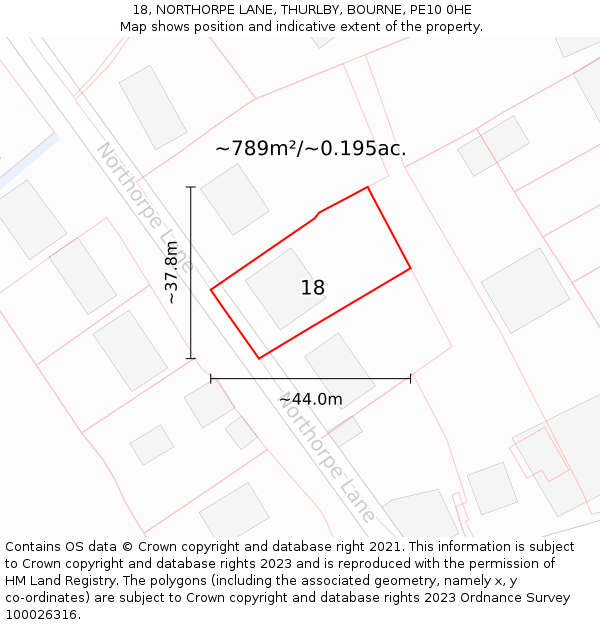 18, NORTHORPE LANE, THURLBY, BOURNE, PE10 0HE: Plot and title map