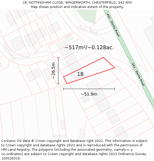 18, NOTTINGHAM CLOSE, WINGERWORTH, CHESTERFIELD, S42 6NY: Plot and title map