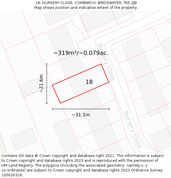 18, NURSERY CLOSE, COMBWICH, BRIDGWATER, TA5 2JB: Plot and title map