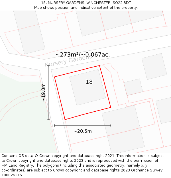 18, NURSERY GARDENS, WINCHESTER, SO22 5DT: Plot and title map