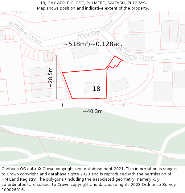 18, OAK APPLE CLOSE, PILLMERE, SALTASH, PL12 6YS: Plot and title map
