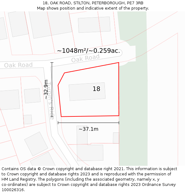 18, OAK ROAD, STILTON, PETERBOROUGH, PE7 3RB: Plot and title map