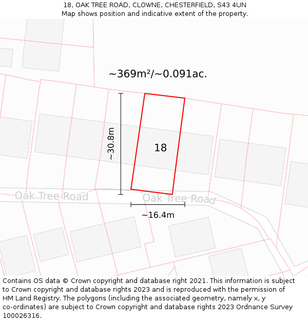 18, OAK TREE ROAD, CLOWNE, CHESTERFIELD, S43 4UN: Plot and title map