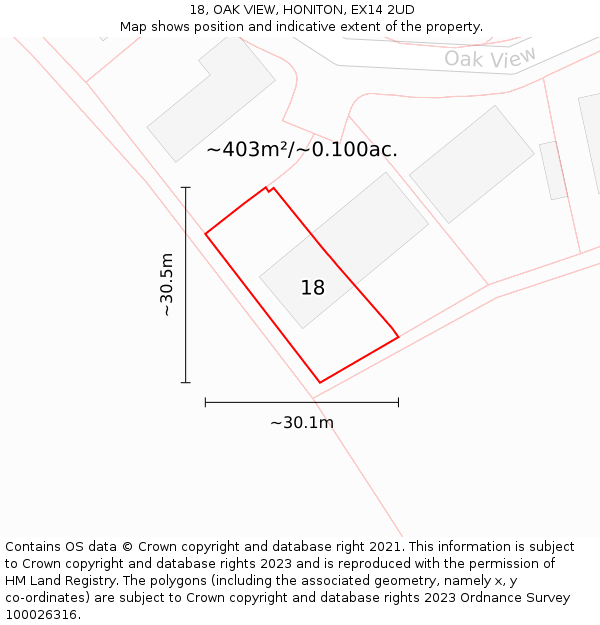 18, OAK VIEW, HONITON, EX14 2UD: Plot and title map