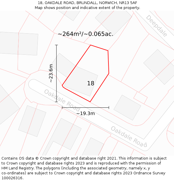 18, OAKDALE ROAD, BRUNDALL, NORWICH, NR13 5AF: Plot and title map