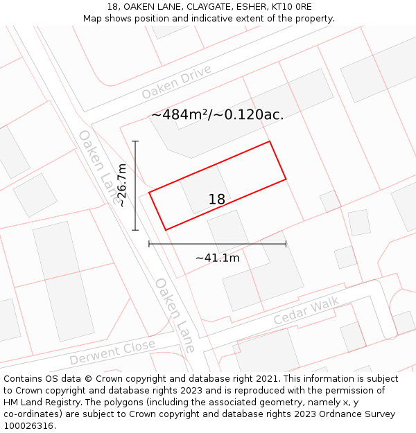 18, OAKEN LANE, CLAYGATE, ESHER, KT10 0RE: Plot and title map