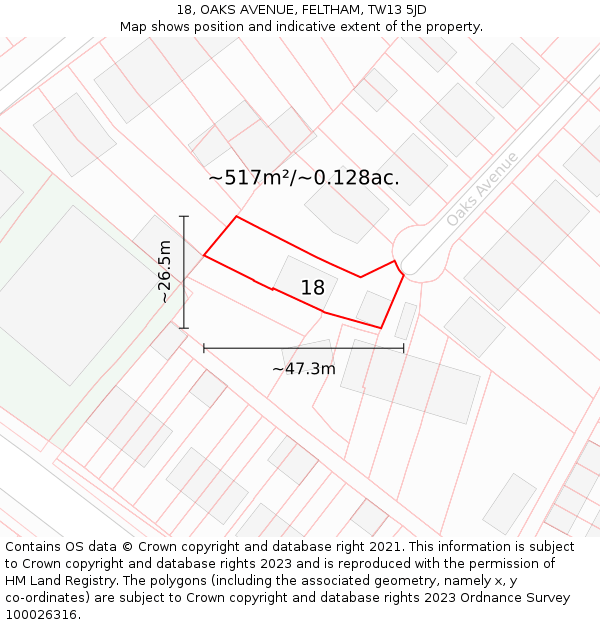 18, OAKS AVENUE, FELTHAM, TW13 5JD: Plot and title map
