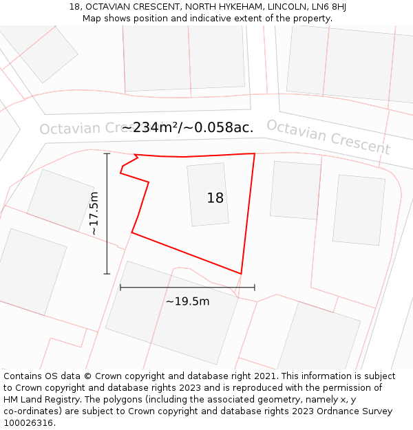 18, OCTAVIAN CRESCENT, NORTH HYKEHAM, LINCOLN, LN6 8HJ: Plot and title map