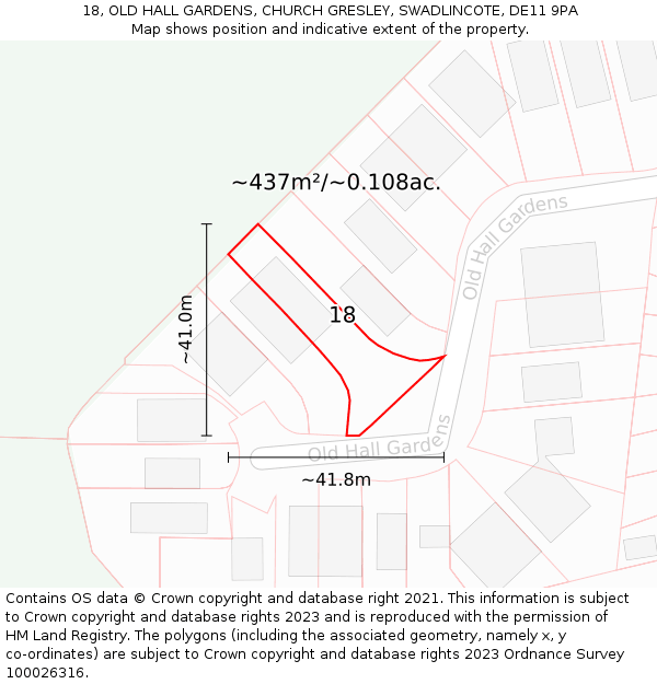 18, OLD HALL GARDENS, CHURCH GRESLEY, SWADLINCOTE, DE11 9PA: Plot and title map