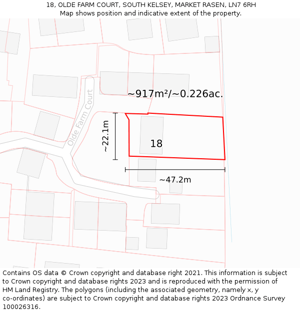 18, OLDE FARM COURT, SOUTH KELSEY, MARKET RASEN, LN7 6RH: Plot and title map