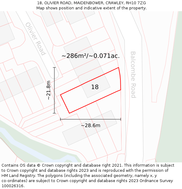 18, OLIVIER ROAD, MAIDENBOWER, CRAWLEY, RH10 7ZG: Plot and title map