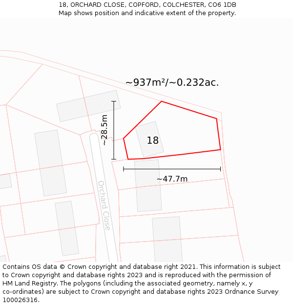 18, ORCHARD CLOSE, COPFORD, COLCHESTER, CO6 1DB: Plot and title map