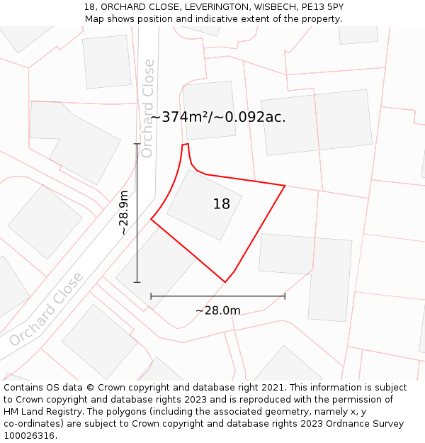 18, ORCHARD CLOSE, LEVERINGTON, WISBECH, PE13 5PY: Plot and title map