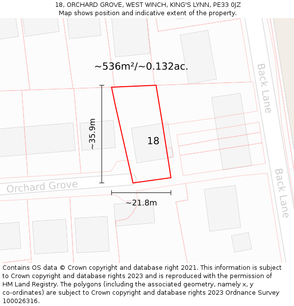 18, ORCHARD GROVE, WEST WINCH, KING'S LYNN, PE33 0JZ: Plot and title map