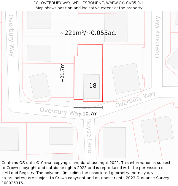 18, OVERBURY WAY, WELLESBOURNE, WARWICK, CV35 9UL: Plot and title map