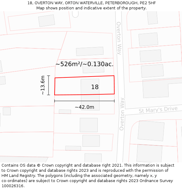 18, OVERTON WAY, ORTON WATERVILLE, PETERBOROUGH, PE2 5HF: Plot and title map
