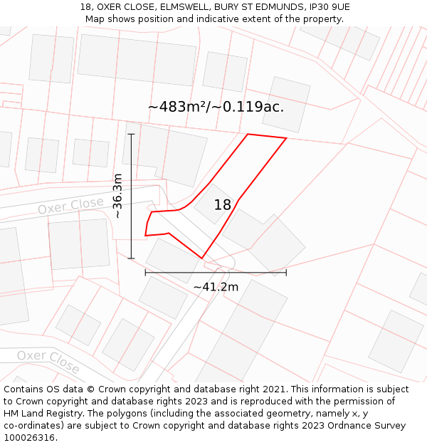 18, OXER CLOSE, ELMSWELL, BURY ST EDMUNDS, IP30 9UE: Plot and title map