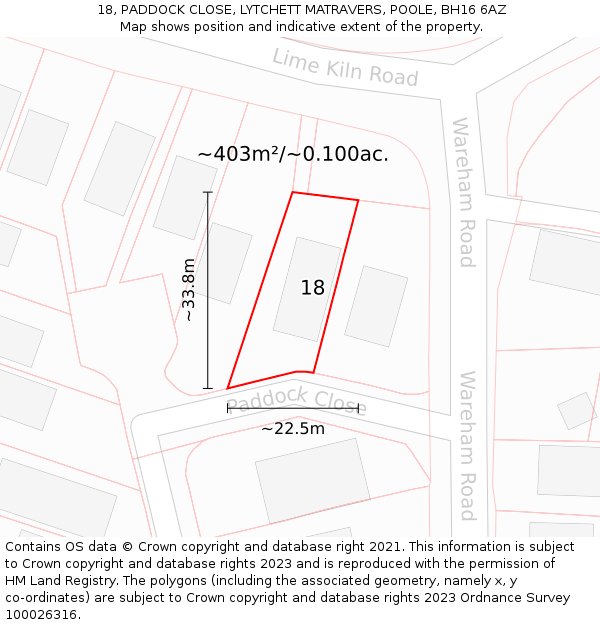 18, PADDOCK CLOSE, LYTCHETT MATRAVERS, POOLE, BH16 6AZ: Plot and title map