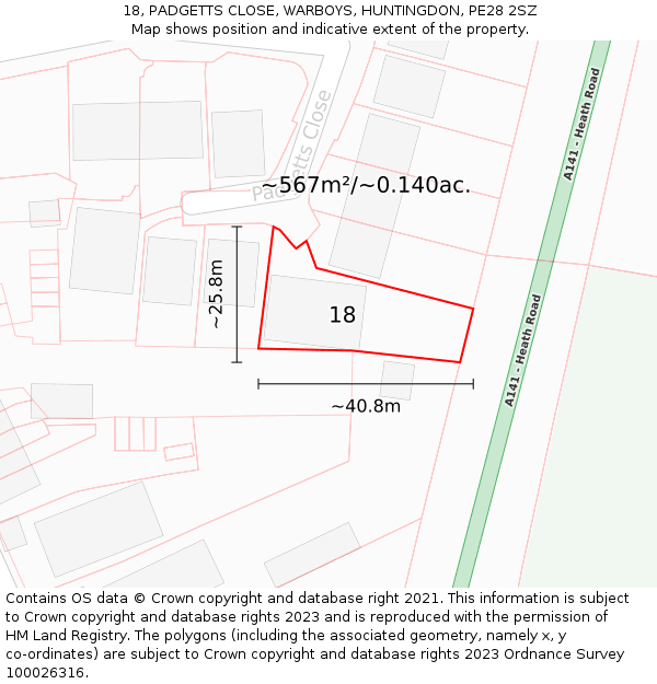 18, PADGETTS CLOSE, WARBOYS, HUNTINGDON, PE28 2SZ: Plot and title map