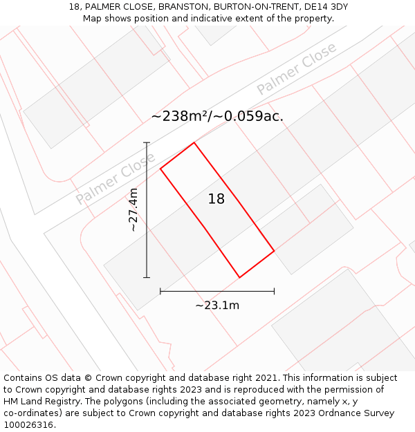 18, PALMER CLOSE, BRANSTON, BURTON-ON-TRENT, DE14 3DY: Plot and title map