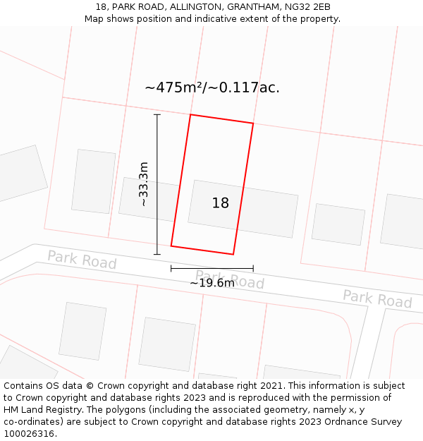 18, PARK ROAD, ALLINGTON, GRANTHAM, NG32 2EB: Plot and title map