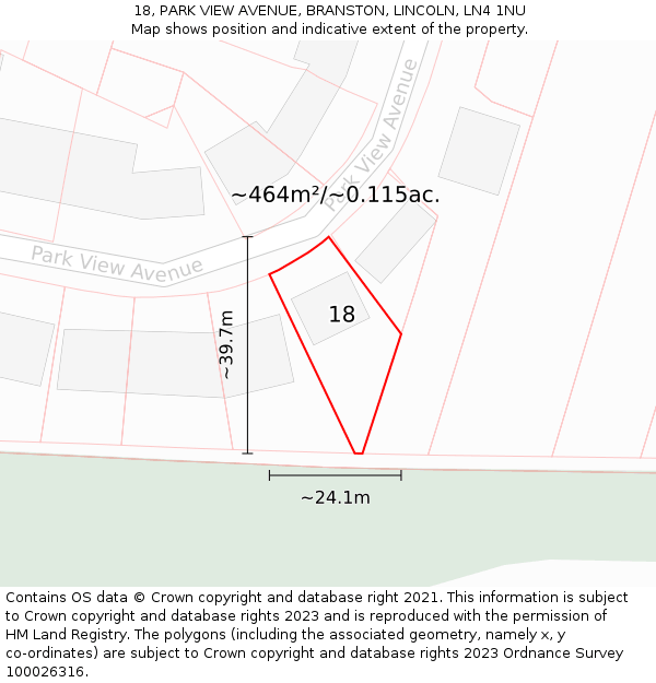 18, PARK VIEW AVENUE, BRANSTON, LINCOLN, LN4 1NU: Plot and title map