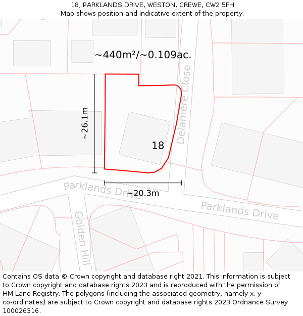 18, PARKLANDS DRIVE, WESTON, CREWE, CW2 5FH: Plot and title map